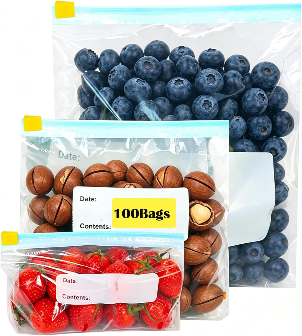 Gefrierbeutel, 100 Stück zipper beutel, Tasche mit Reißverschluss, Gefrierbeutel Wiederverwendbar mit Erweiterbarer Boden, Frischhaltebeutel für Obst, Gemüse, Fleisch, Getreide, Snacks