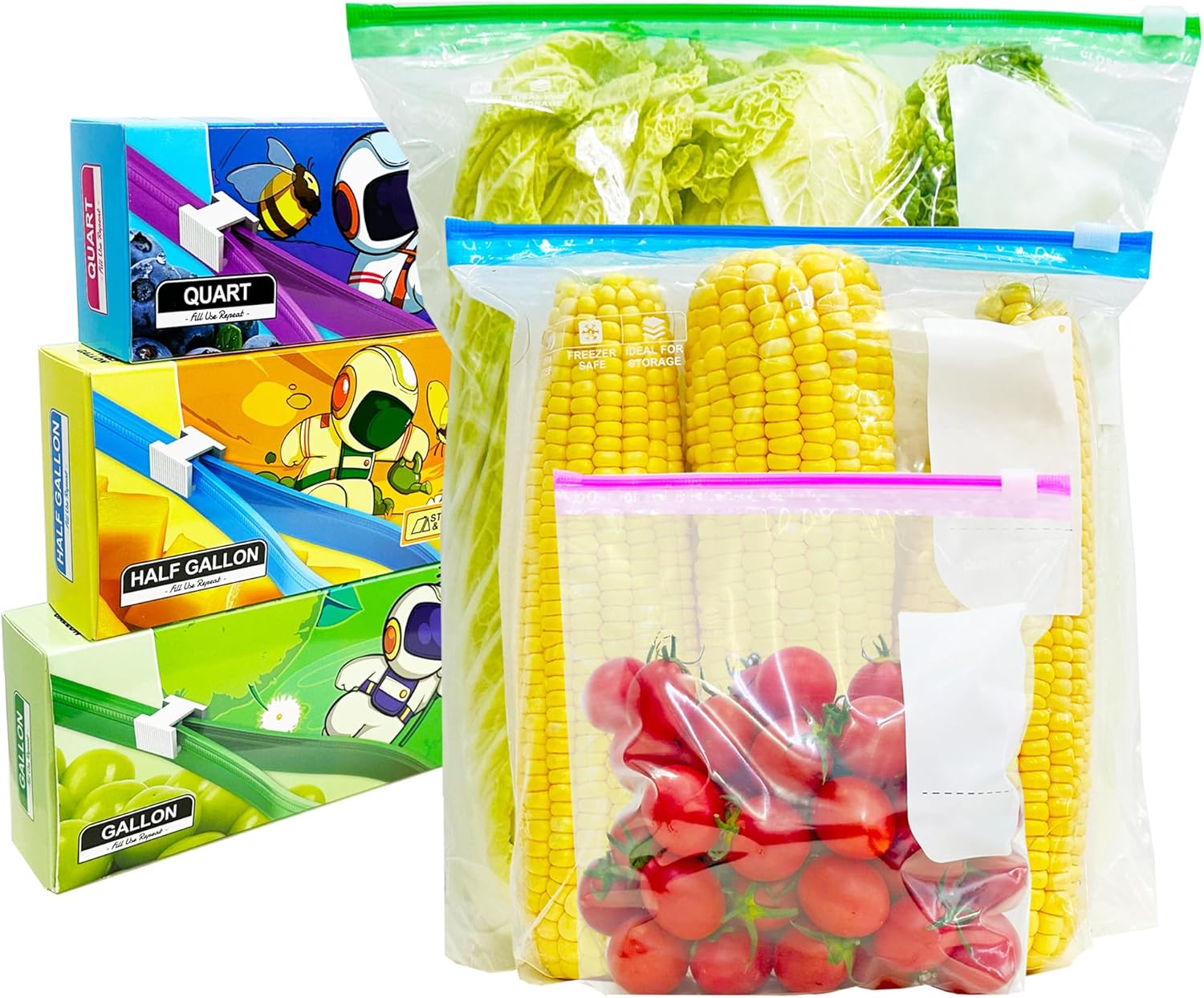 Gefrierbeutel, 70 Pcs Zip Beutel, Gefrierbeutel mit Reißverschluss, Wiederverwendbar Zipper Beutel mit Erweiterbarer Boden, Frischhaltebeutel für Obst, Gemüse, Fleisch, Getreide, Snacks