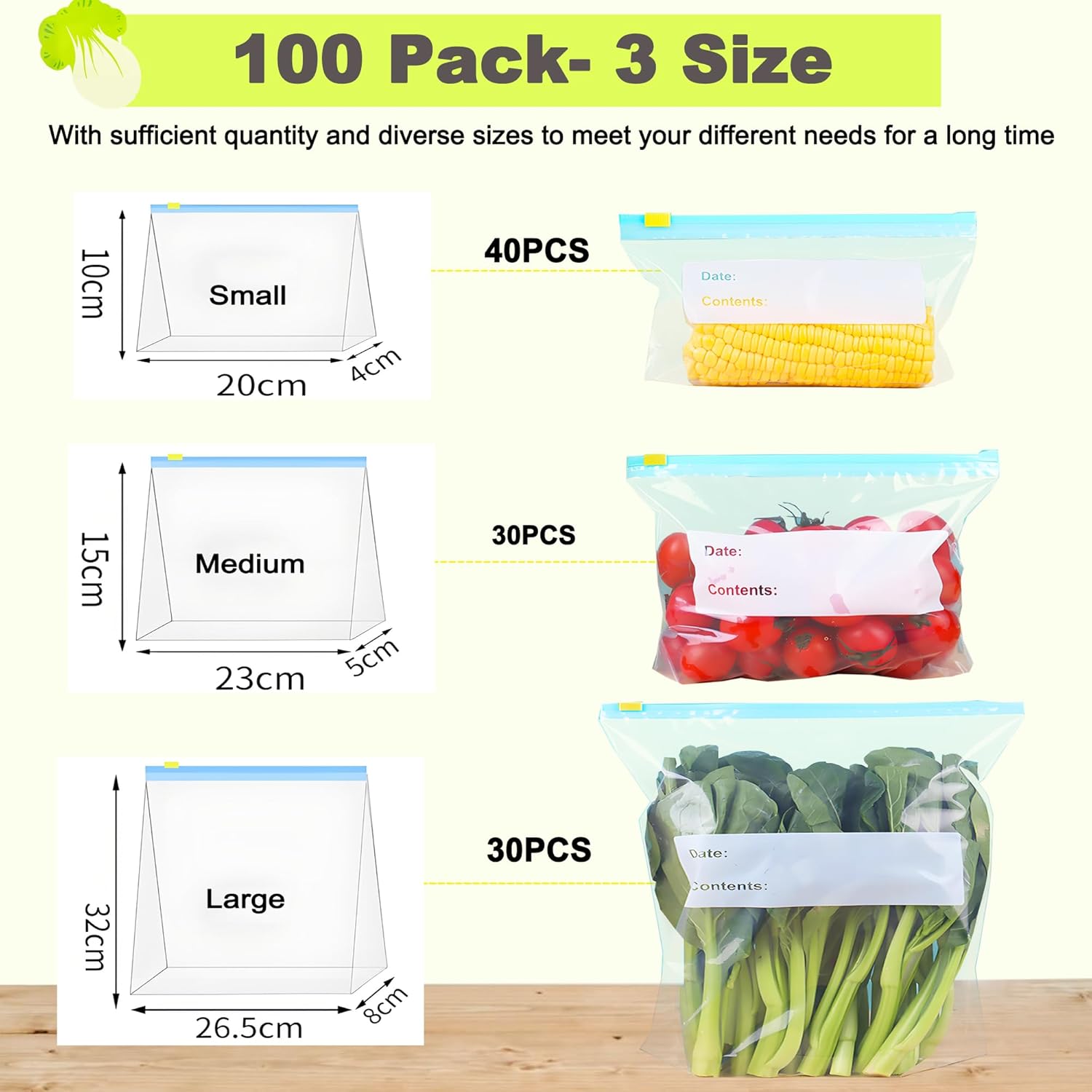 Gefrierbeutel, 100 Stück zipper beutel, Tasche mit Reißverschluss, Gefrierbeutel Wiederverwendbar mit Erweiterbarer Boden, Frischhaltebeutel für Obst, Gemüse, Fleisch, Getreide, Snacks