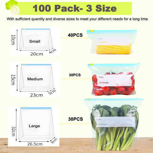 Gefrierbeutel, 100 Stück zipper beutel, Tasche mit Reißverschluss, Gefrierbeutel Wiederverwendbar mit Erweiterbarer Boden, Frischhaltebeutel für Obst, Gemüse, Fleisch, Getreide, Snacks