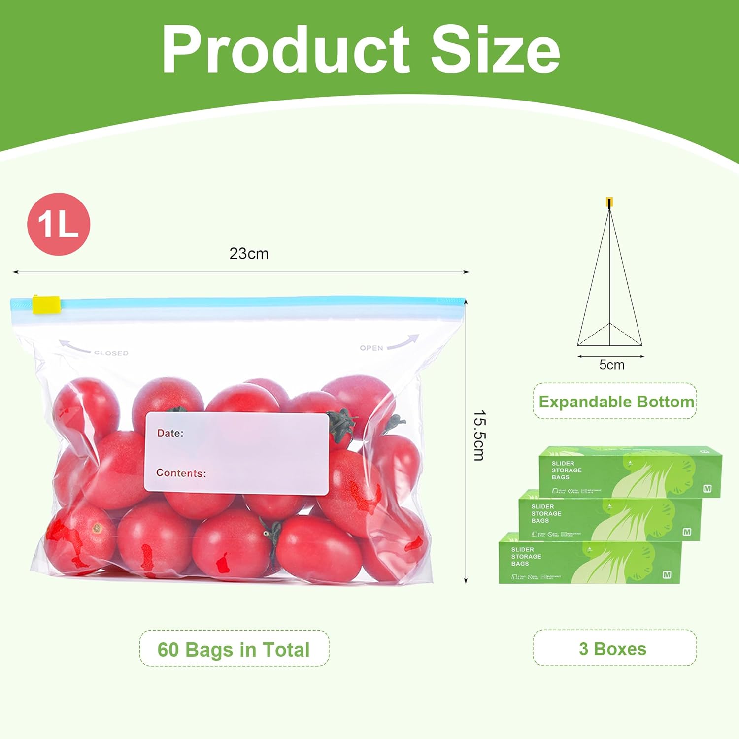 60 Stück Gefrierbeutel, 1L zipper beutel mit Reißverschluss, Wiederverwendbar mit Erweiterbarer Boden, Frischhaltebeutel Für Obst, Gemüse, Fleisch, Getreide