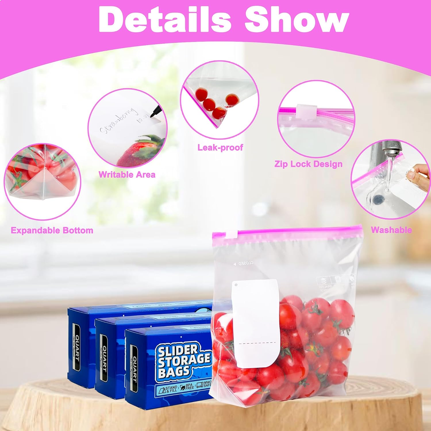 Gefrierbeutel, 60 Pcs Zip Beutel, Gefrierbeutel mit Reißverschluss, Wiederverwendbar Zipper Beutel mit Erweiterbarer Boden, Frischhaltebeutel für Obst, Gemüse, Fleisch, Getreide, Snacks