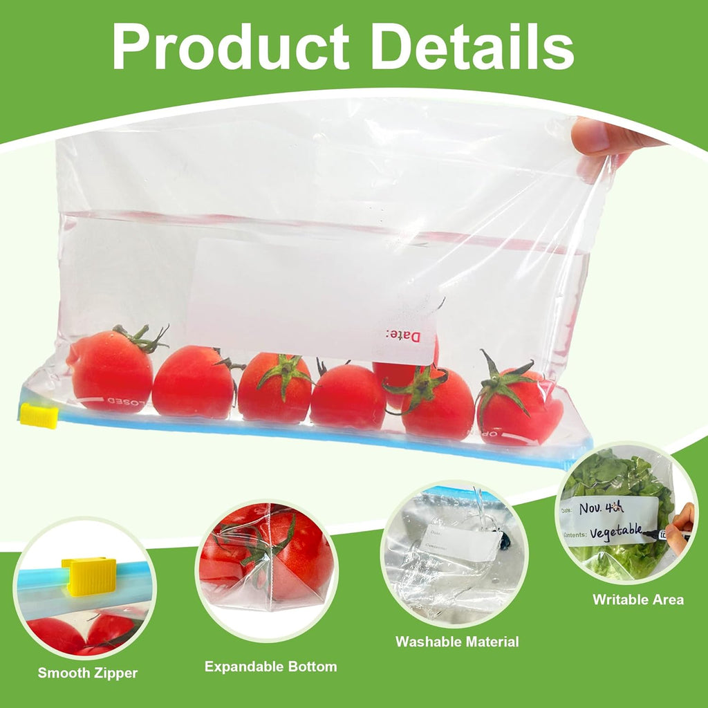 60 Stück Gefrierbeutel, 1L zipper beutel mit Reißverschluss, Wiederverwendbar mit Erweiterbarer Boden, Frischhaltebeutel Für Obst, Gemüse, Fleisch, Getreide