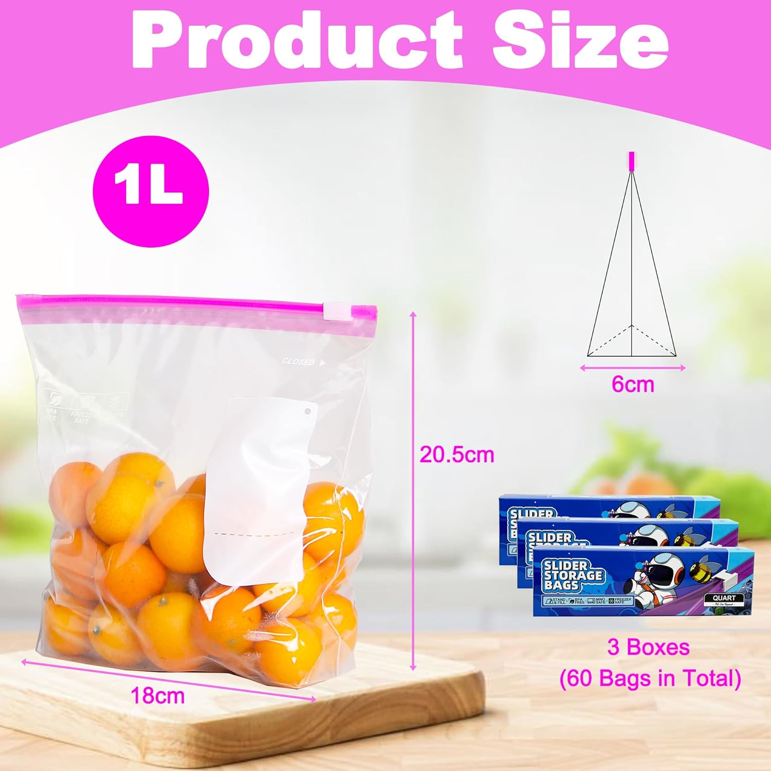 Gefrierbeutel, 60 Pcs Zip Beutel, Gefrierbeutel mit Reißverschluss, Wiederverwendbar Zipper Beutel mit Erweiterbarer Boden, Frischhaltebeutel für Obst, Gemüse, Fleisch, Getreide, Snacks
